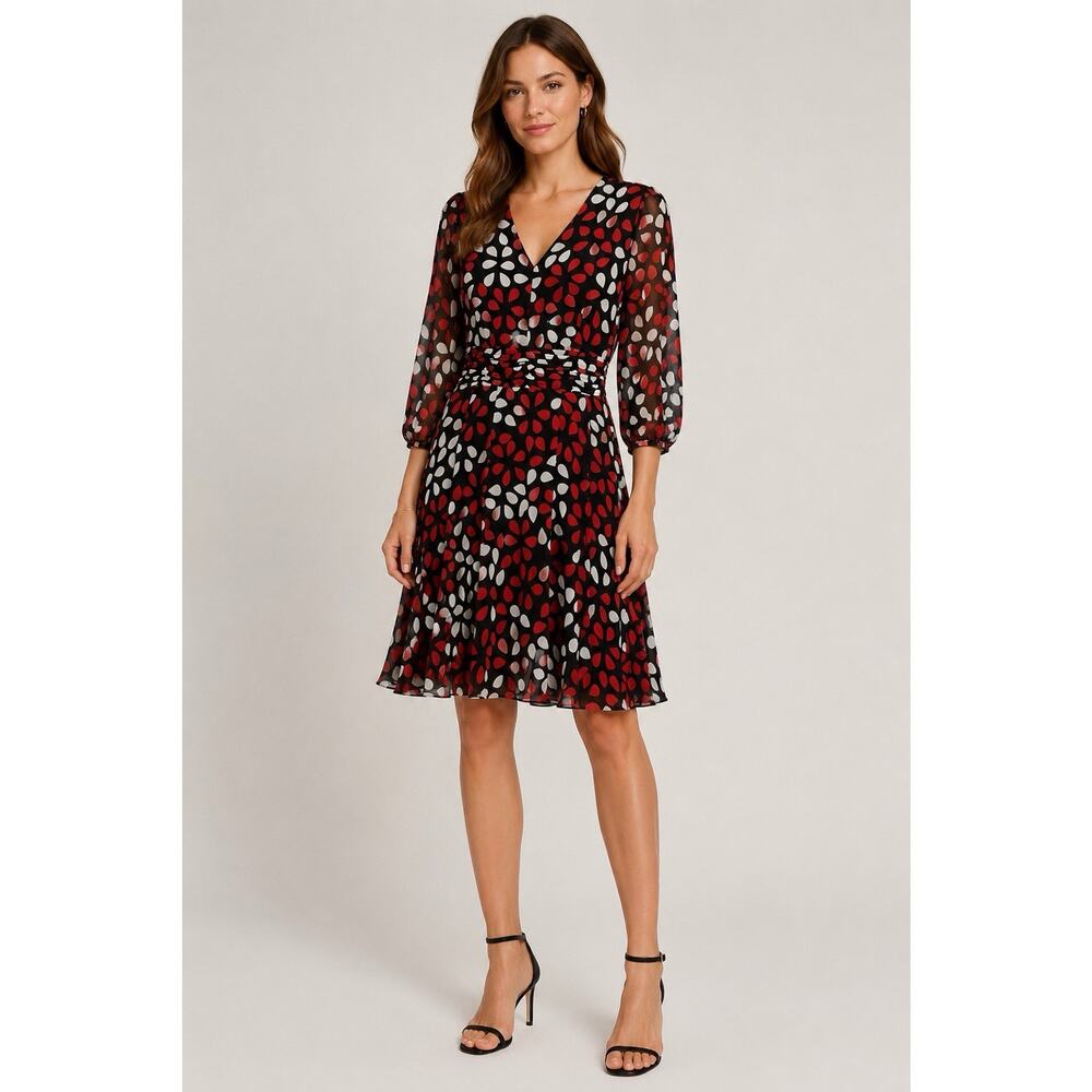 Diane Von Furstenberg Silk Dress 8 V-Neck Lined Fit Flare Sheer Sleeve Navy Red
